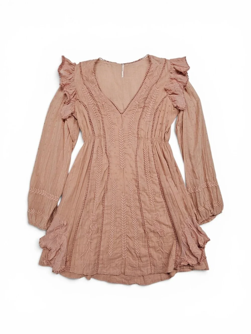 Free People Isabella Dusty Rose Ruffle V-Neck Long-Sleeve Dress Size 8